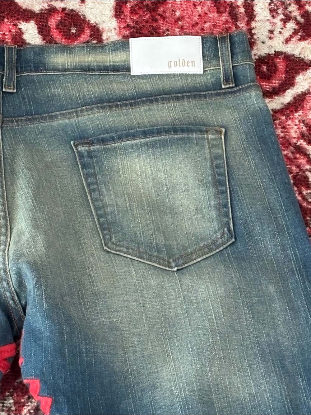 Los Angeles Golden Denim GOLDEN VENUS Flare Distressed Red Letters Jeans Sz: 42 - Picture 5 of 12